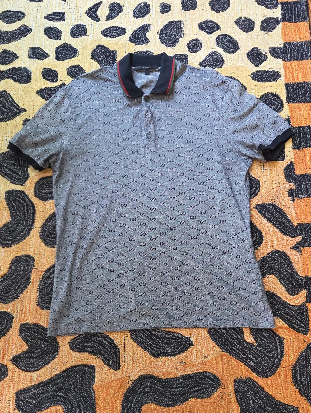 Gucci Grey Polo with Black Collar and Red Stripe Trim